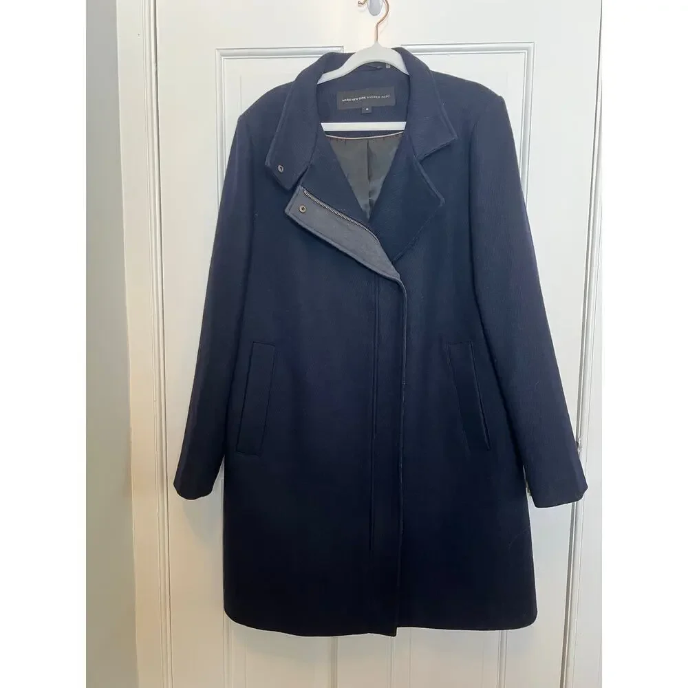 Marc New York Women's M Wool Blend Coat Navy Blue Taylor Twill Zip Jacket Collar